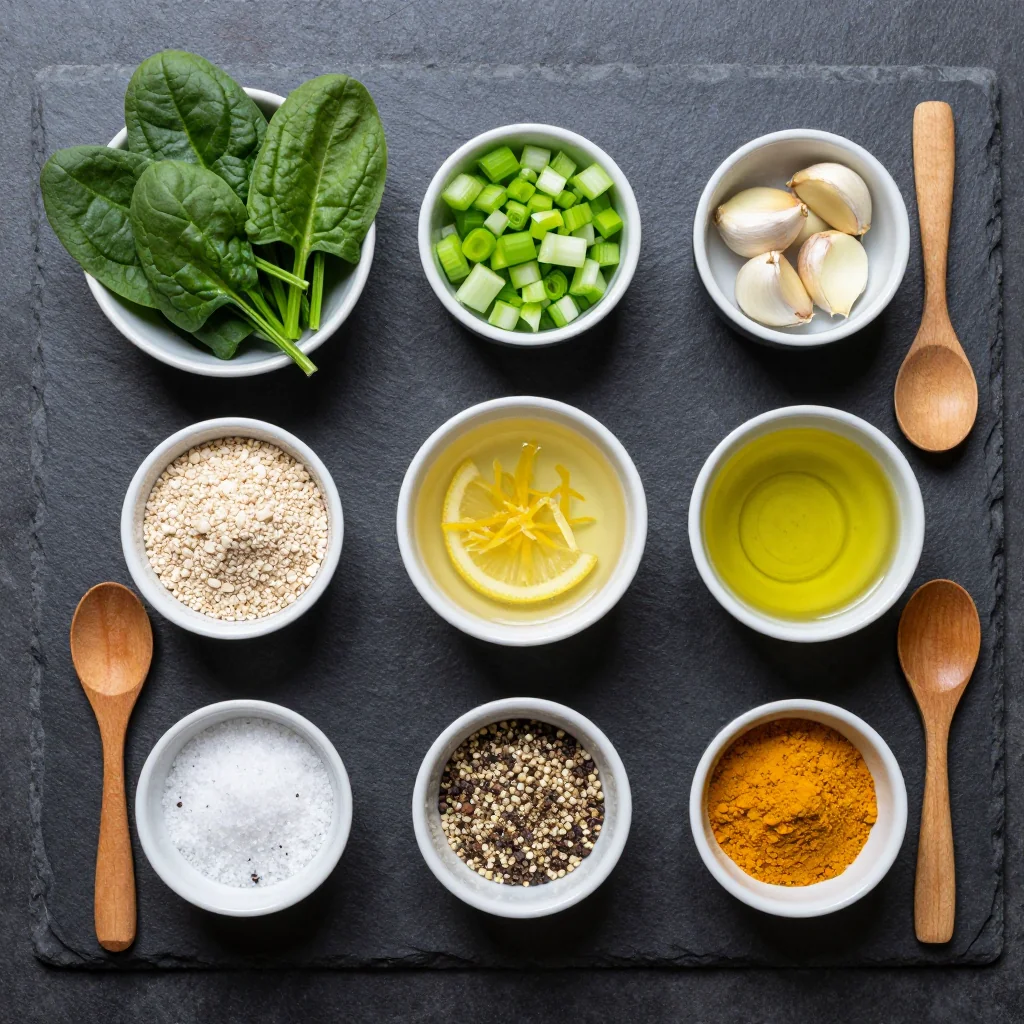 Ingredients for healthy spinach and lemon soup with garlic for winter immune support