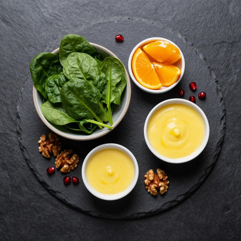 Ingredients for healthy winter salad with spinach oranges and lemon dressing