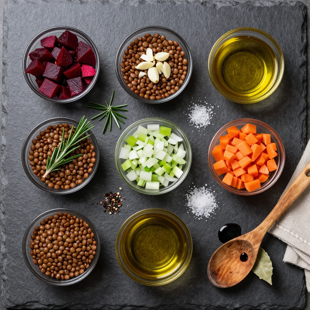 Ingredients for hearty lentil and beet stew with garlic and rosemary for cold nights