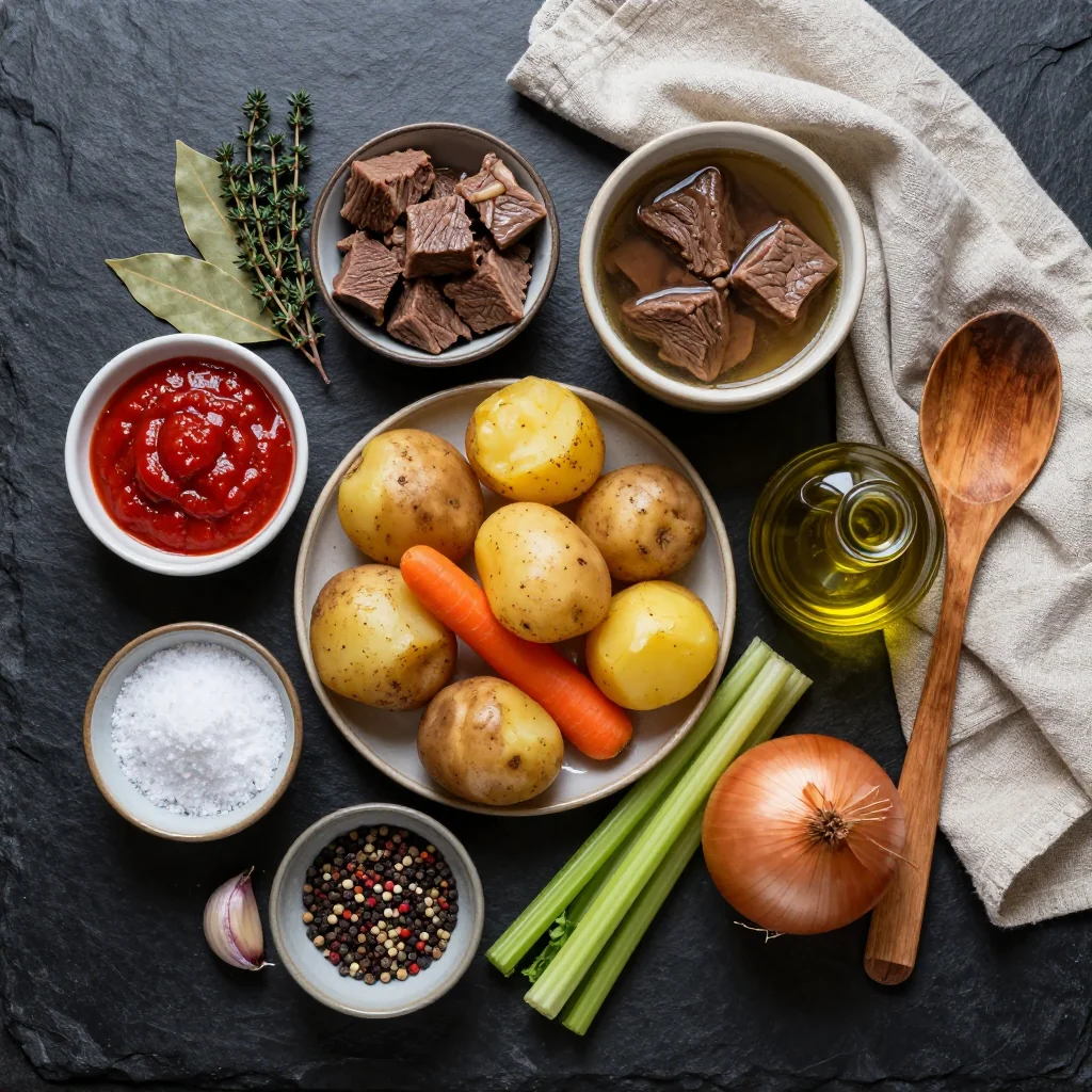 Ingredients for hearty onepot beef and potato stew for cold winter family dinners