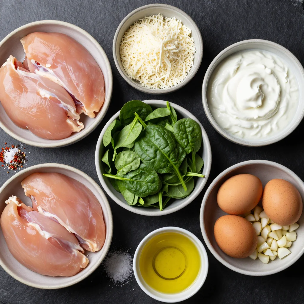 Ingredients for high protein chicken and spinach casserole for cold winter dinners