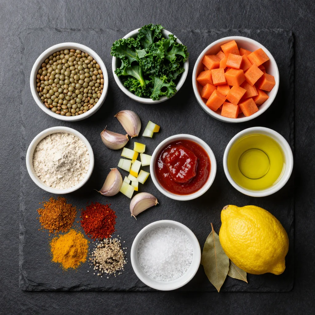 Ingredients for high protein lentil and kale stew with carrots for nourishing dinners