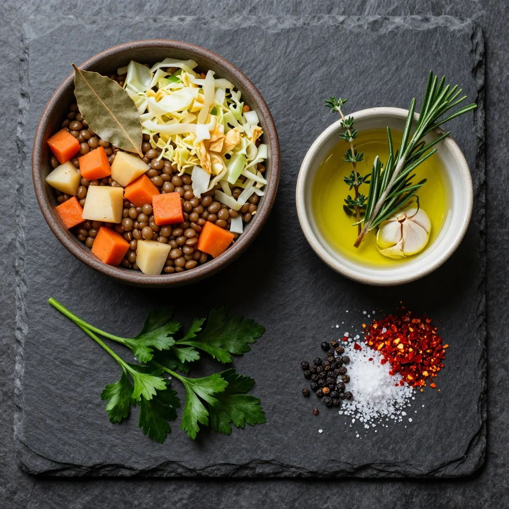 Ingredients for high protein lentil stew with cabbage and winter root vegetables