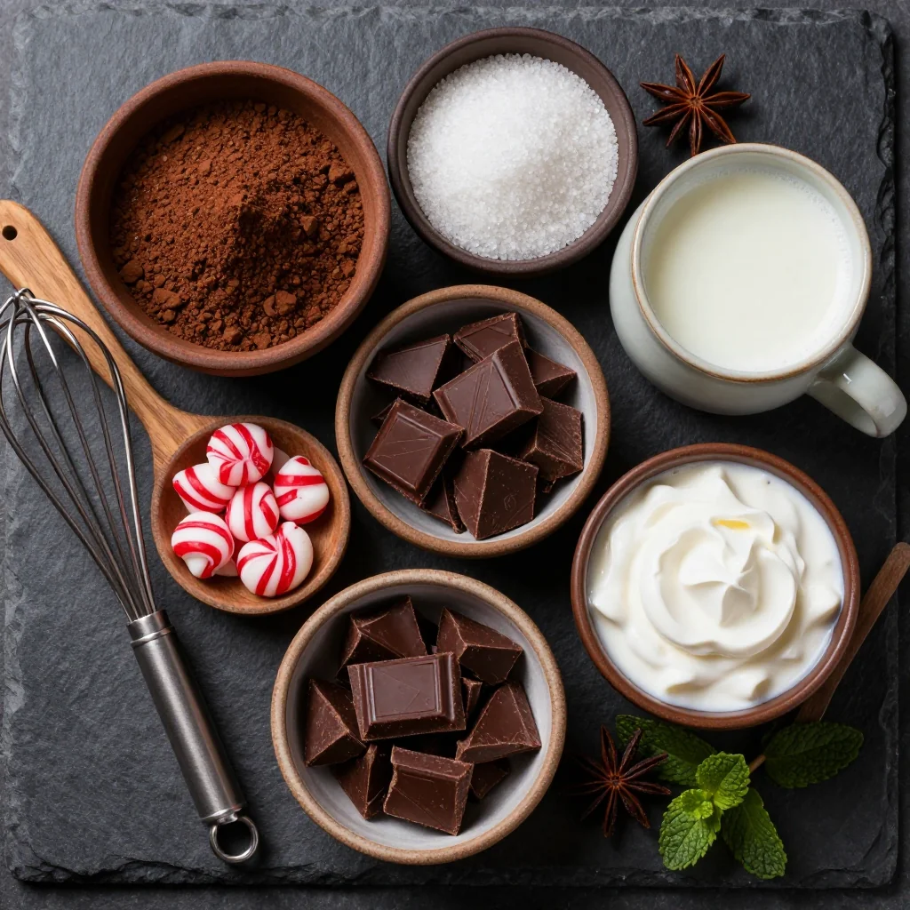 Ingredients for homemade peppermint hot chocolate with whipped cream for winter evenings