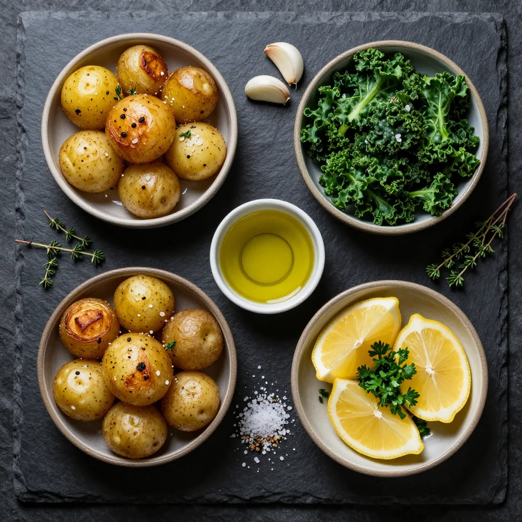 Ingredients for low calorie garlic roasted potatoes and kale for healthy family meals