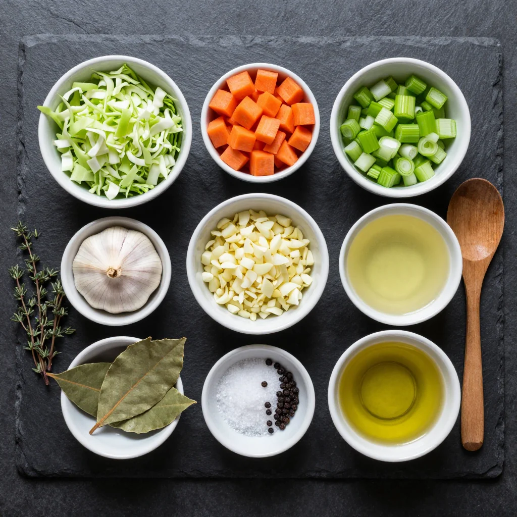 Ingredients for low-calorie cabbage and winter vegetable soup for family meal prep