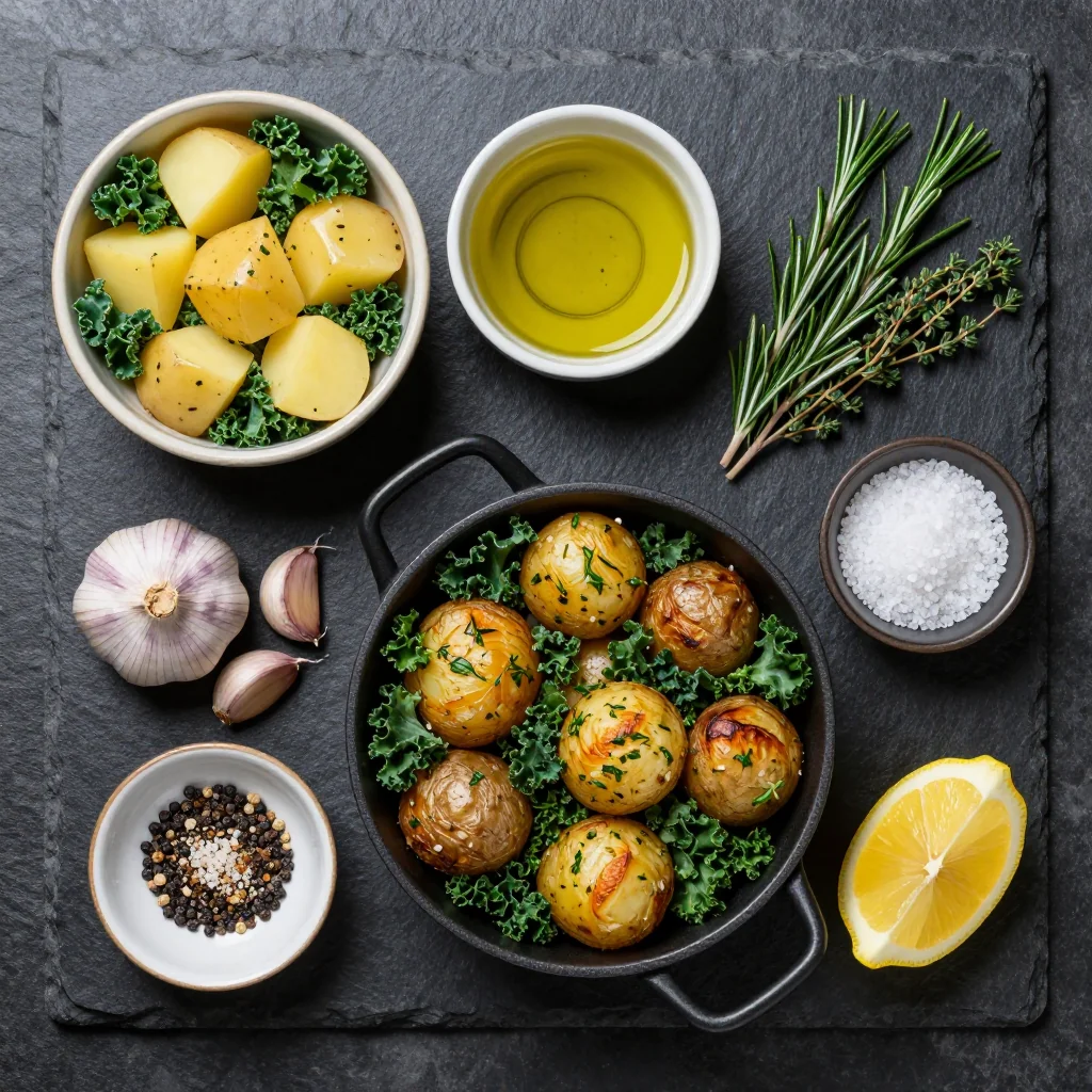 Ingredients for one pot garlic and herb roasted potatoes with kale for january meals