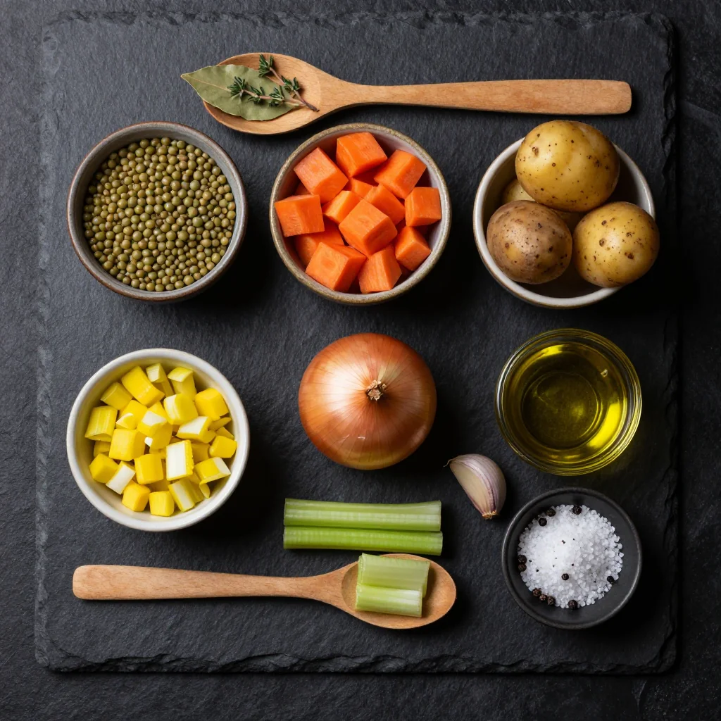 Ingredients for one pot lentil and root vegetable soup with garlic for family dinners