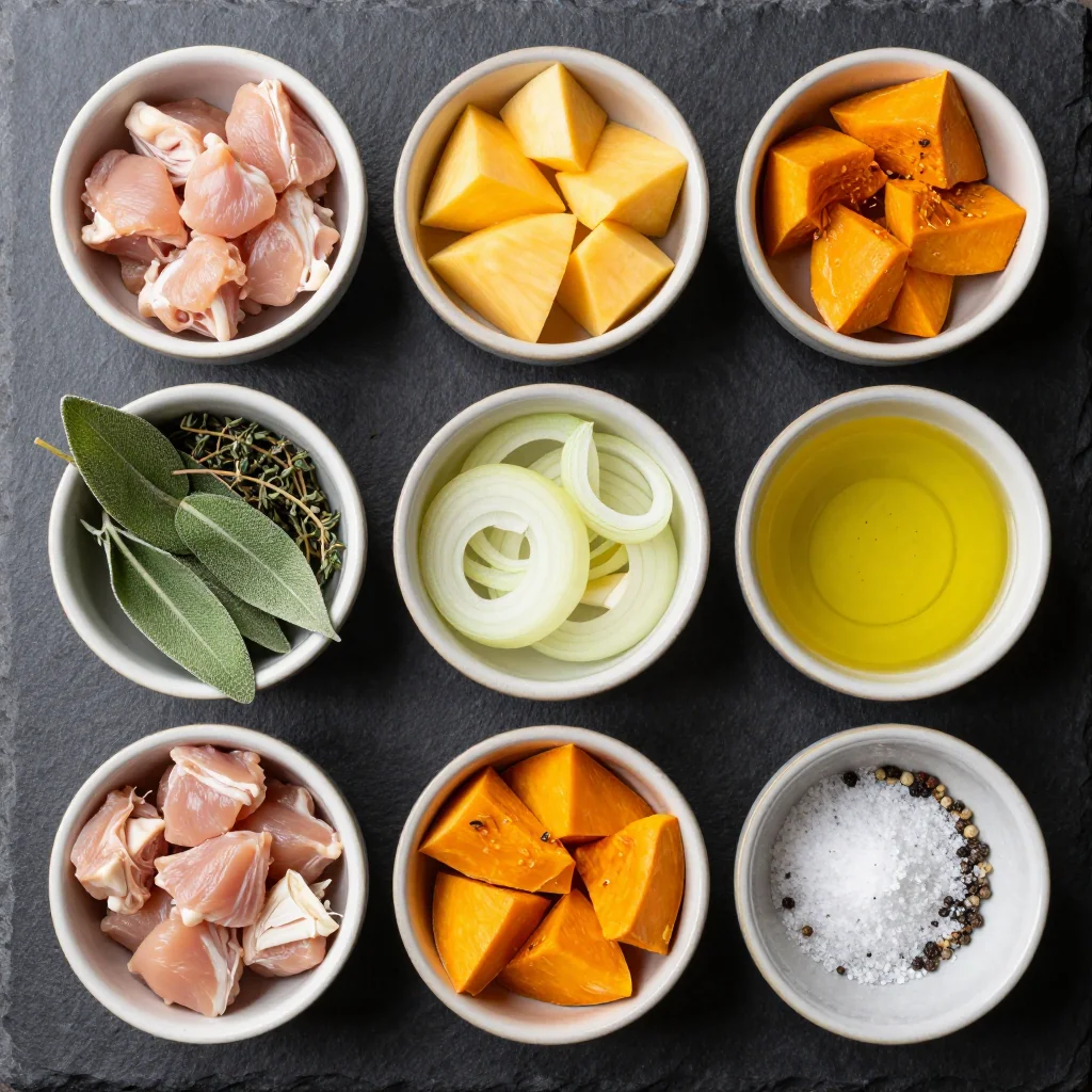 Ingredients for onepot chicken and winter squash casserole for busy families