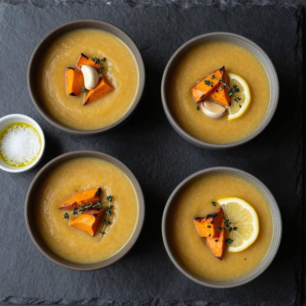Ingredients for one-pot garlic and lemon sweet potato soup