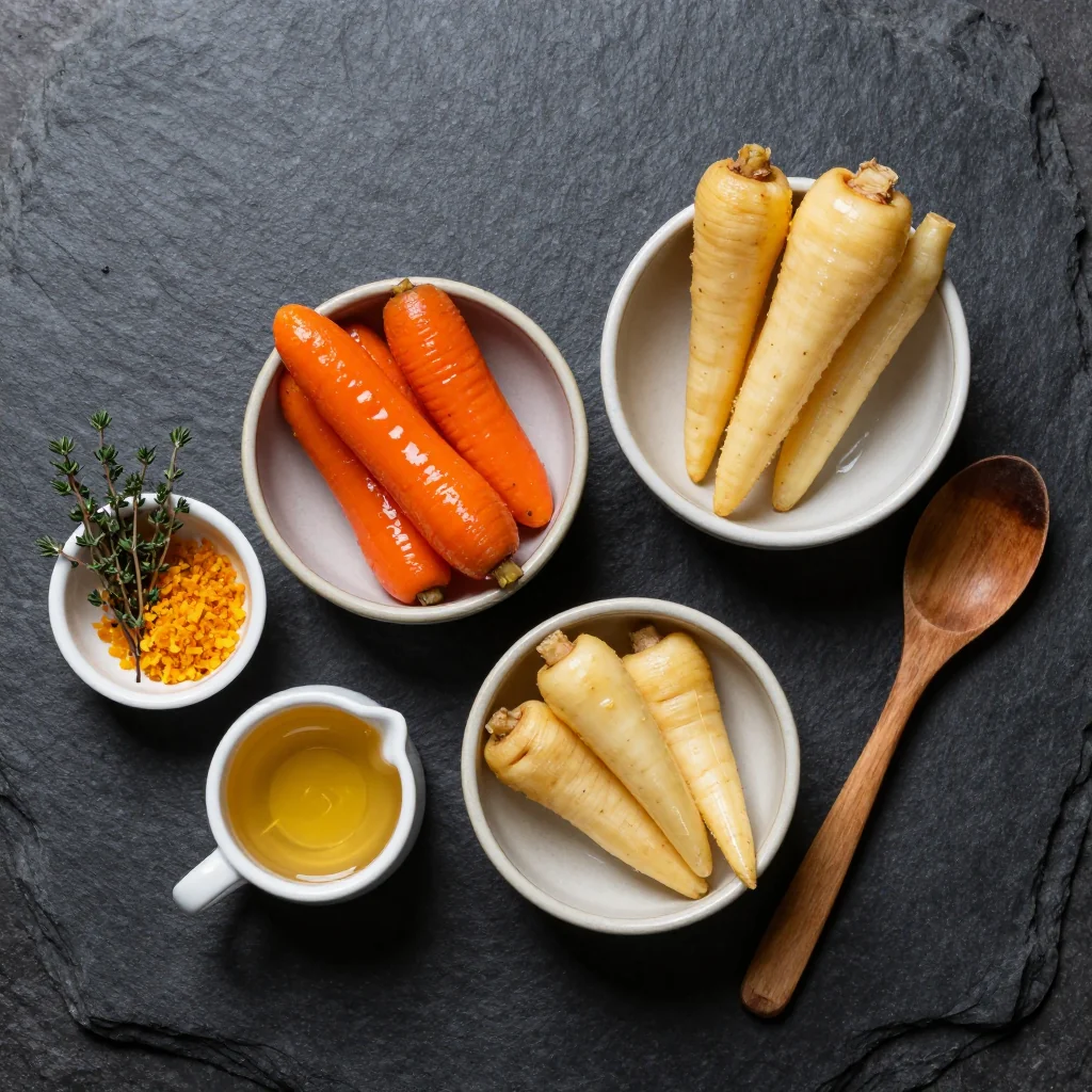 Ingredients for orangeglazed carrots and parsnips with fresh thyme for holiday sides