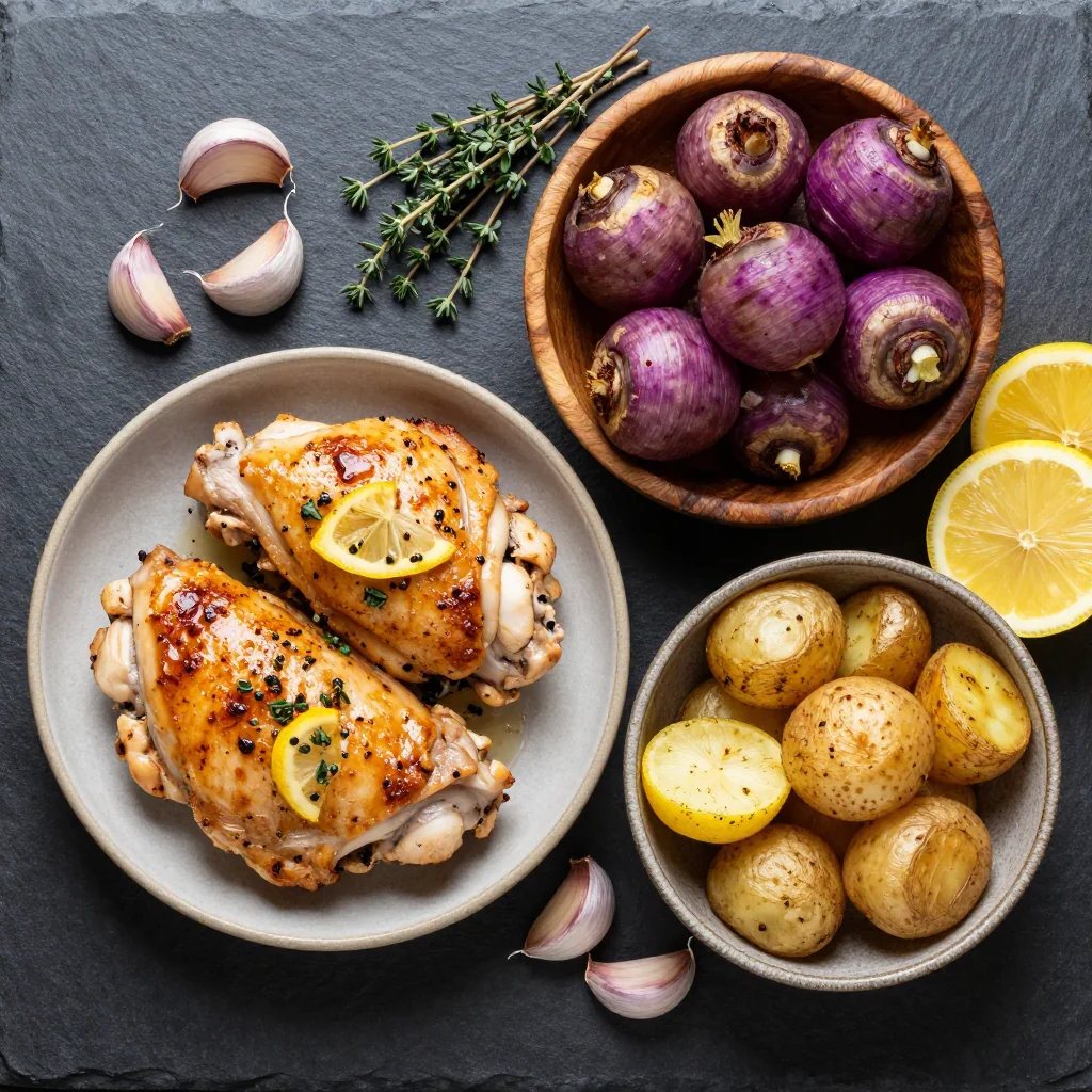 Ingredients for oven-baked lemon garlic chicken with roasted turnips and potatoes