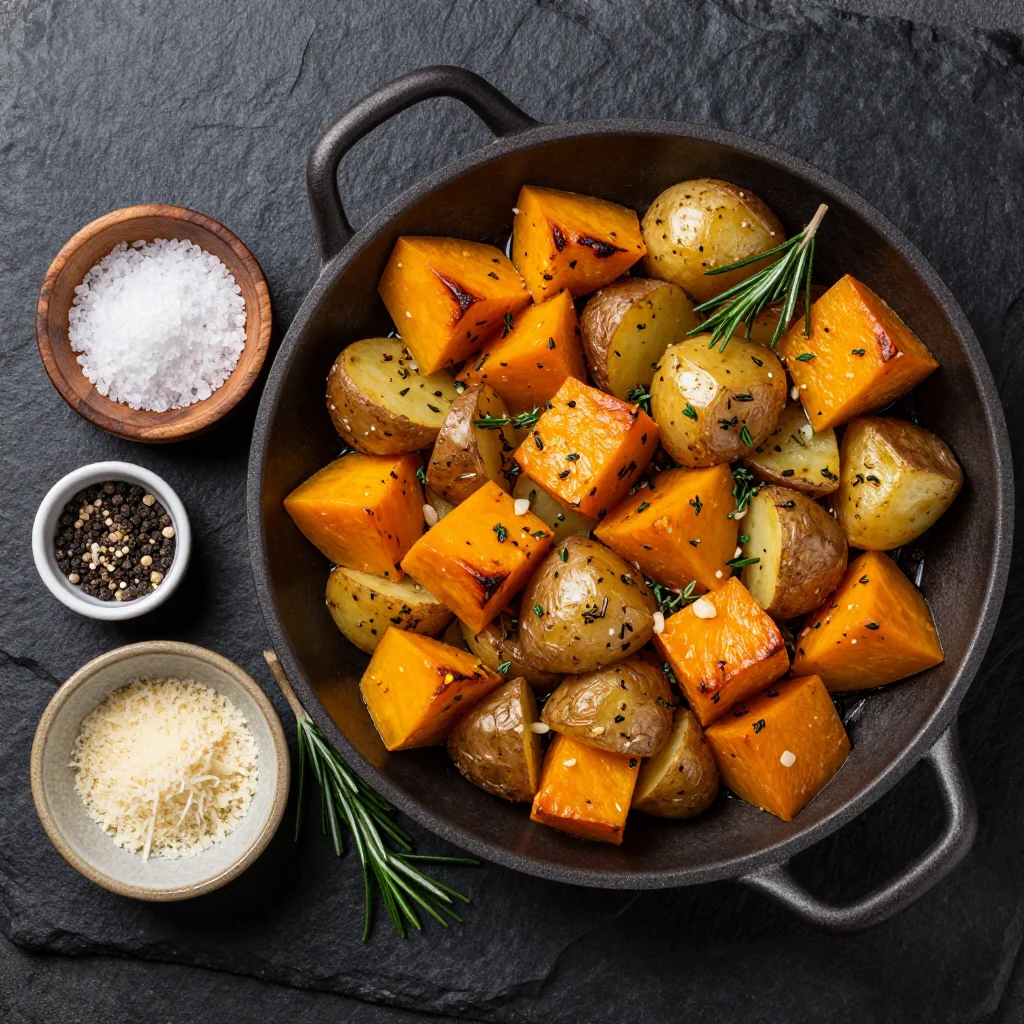 Ingredients for savory herb roasted winter squash and potatoes for family dinners
