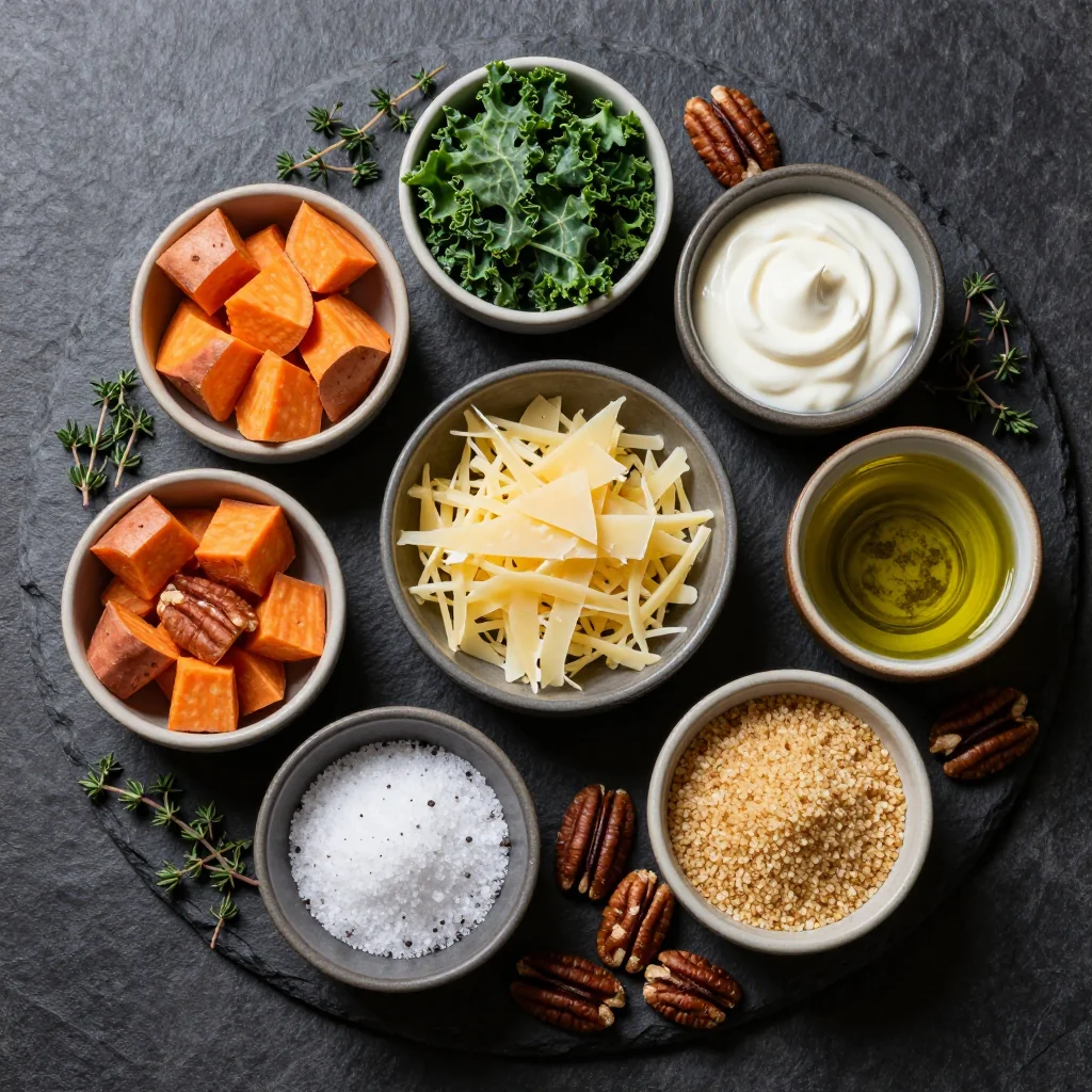 ingredients laid out for sweet potato kale gratin