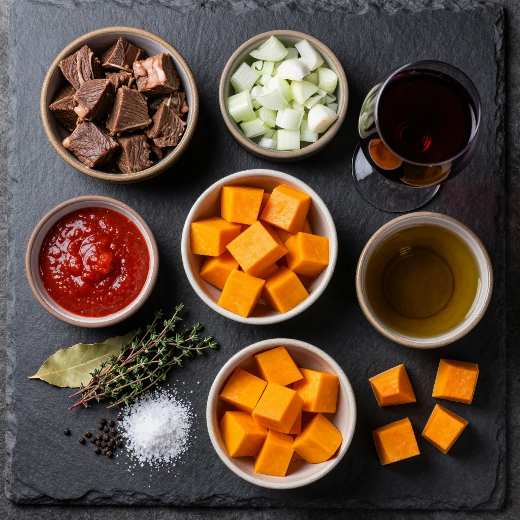 Ingredients for slow cooker beef and winter squash stew with garlic for family dinners