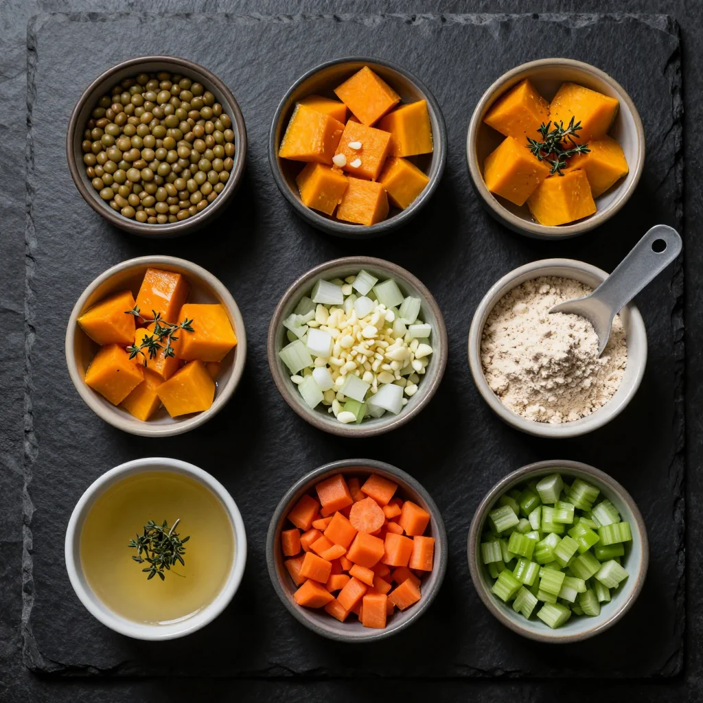Ingredients for slow cooker high protein lentil and winter squash stew for clean january meals