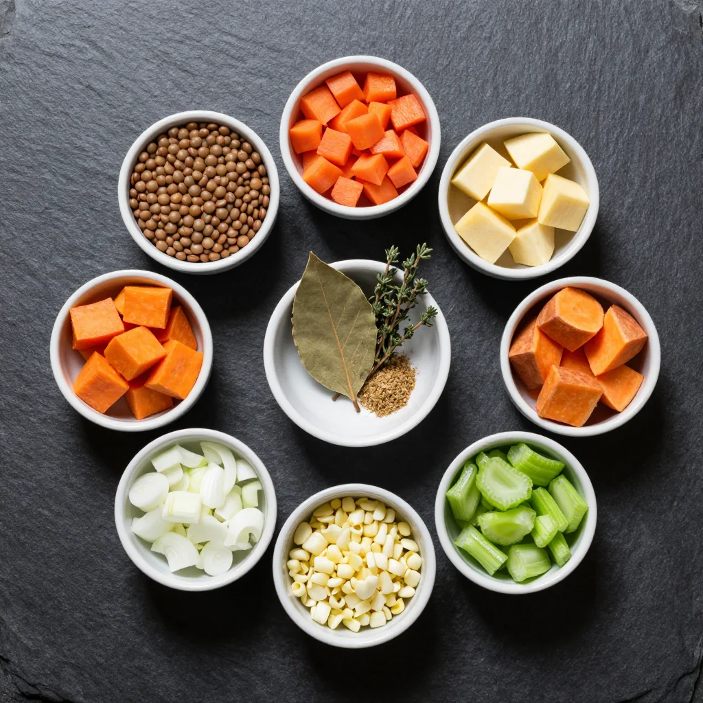 Ingredients for slow cooker lentil and root veggie stew packed with protein for families