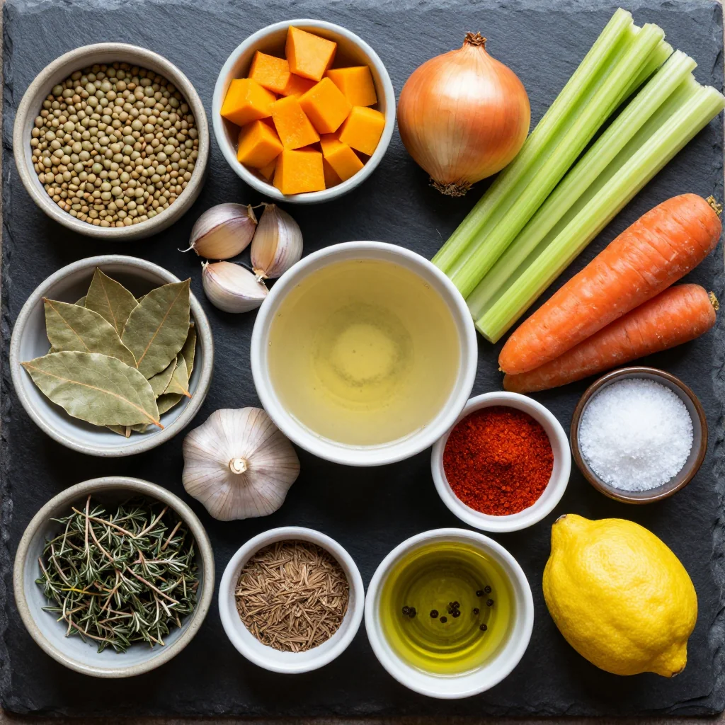 Ingredients for slow cooker lentil and winter squash stew for budget friendly dinners
