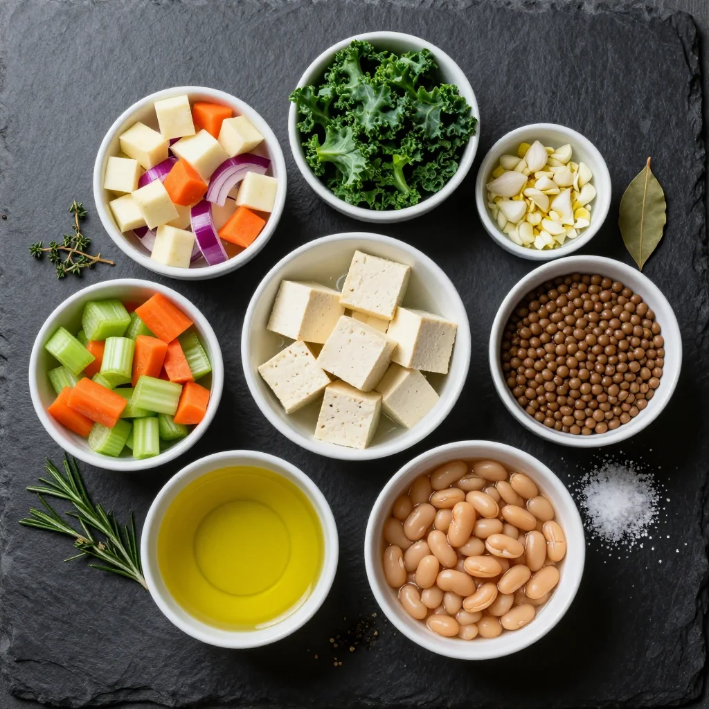Ingredients for slow cooker root vegetable and kale soup for high protein january meals
