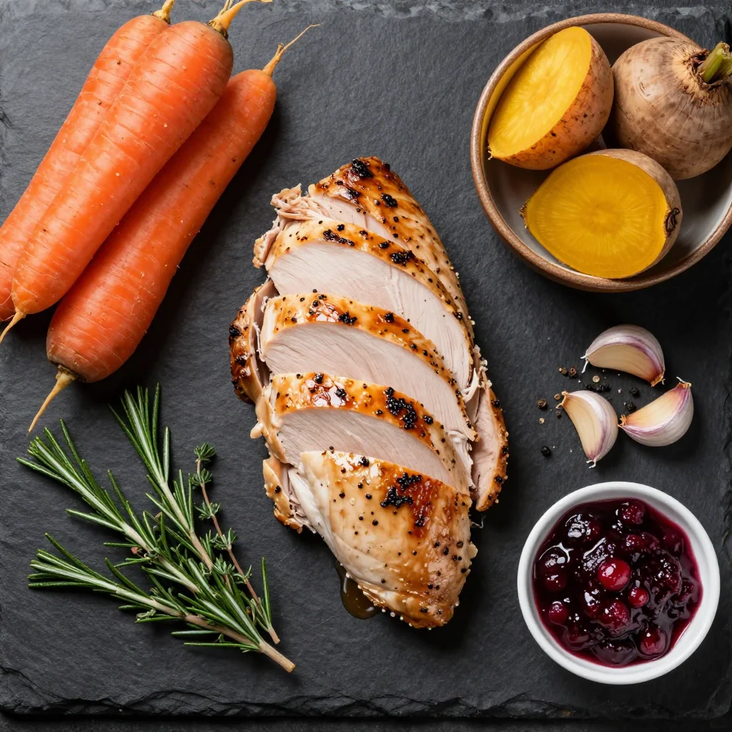 Ingredients for slow roast herb turkey breast with root vegetables for holiday feasts