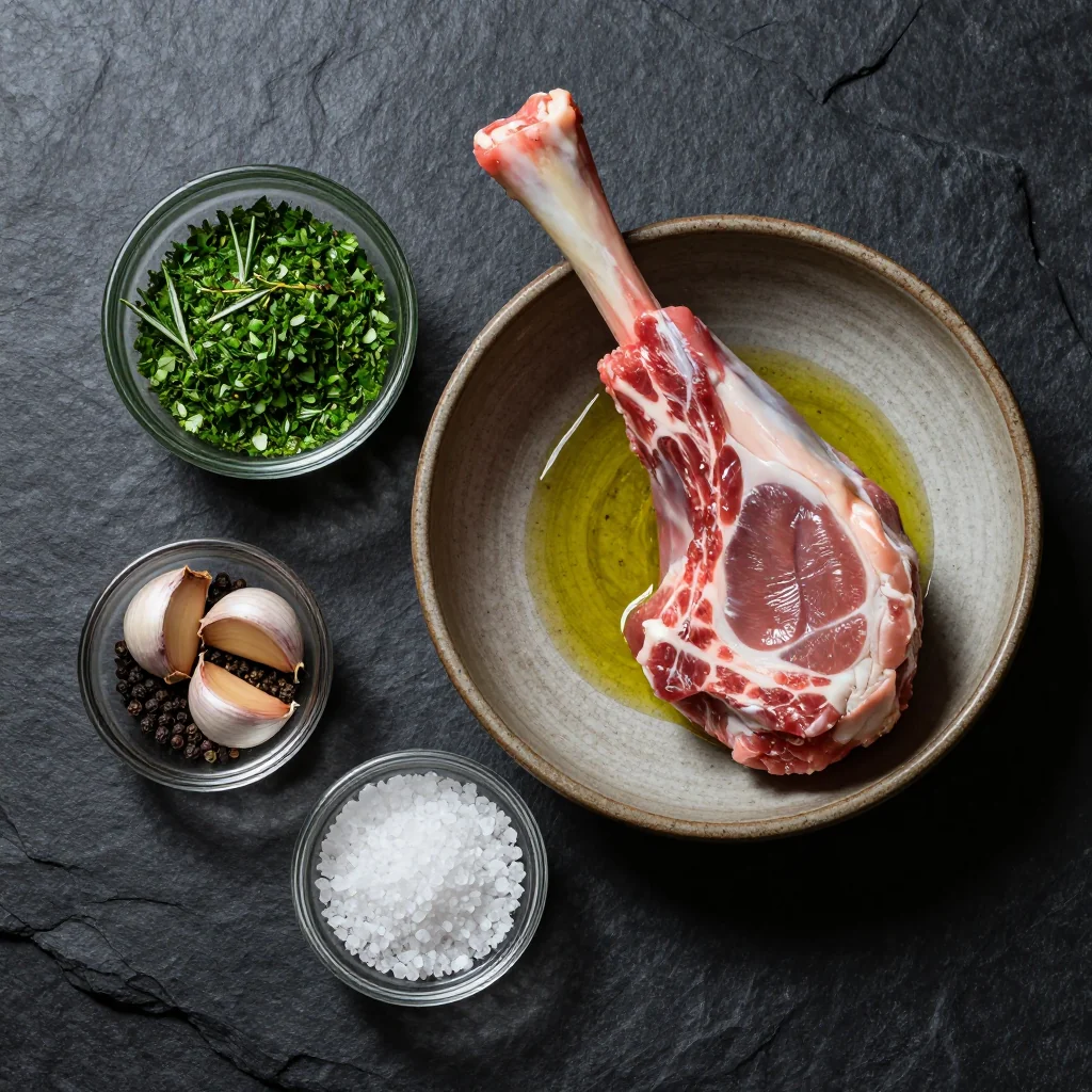 Ingredients for tender herbcrusted roast lamb with garlic and thyme for christmas
