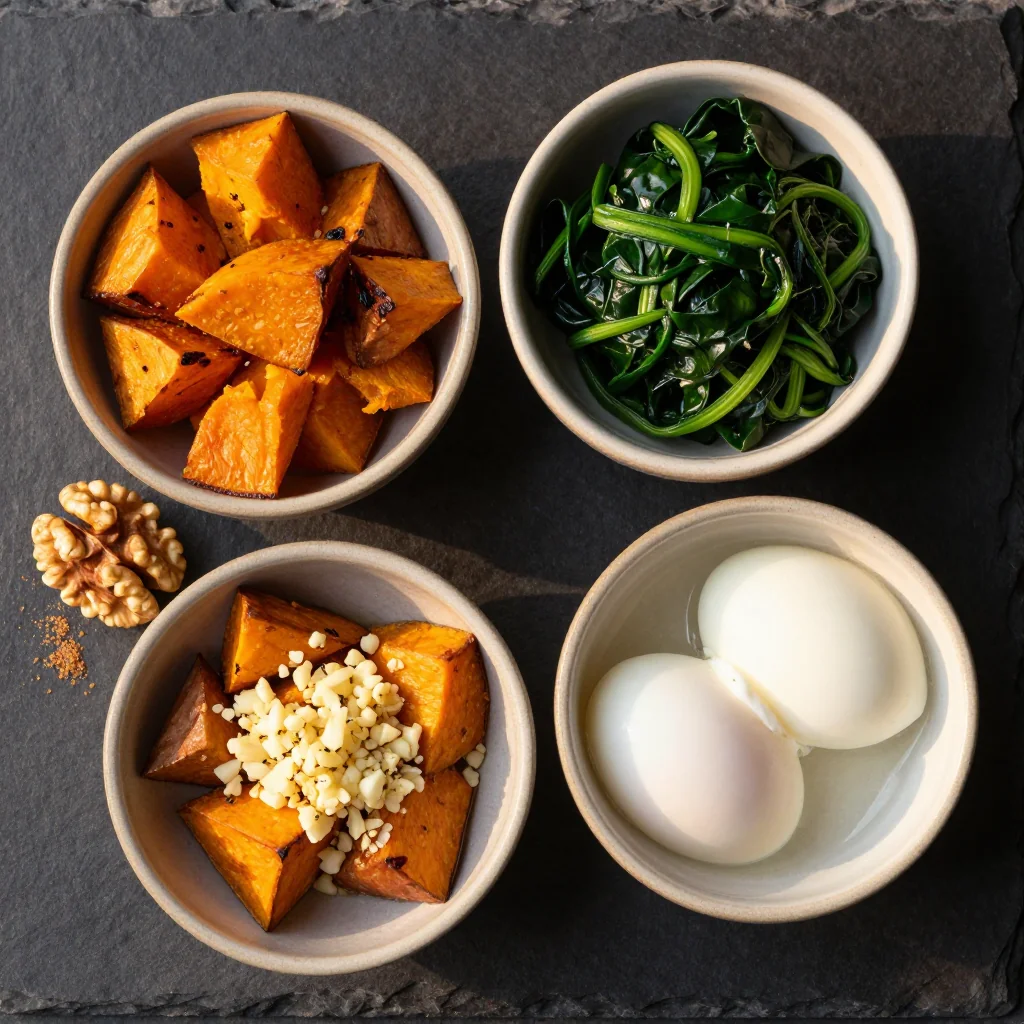 Ingredients for warm breakfasts with sweet potatoes spinach and a touch of garlic