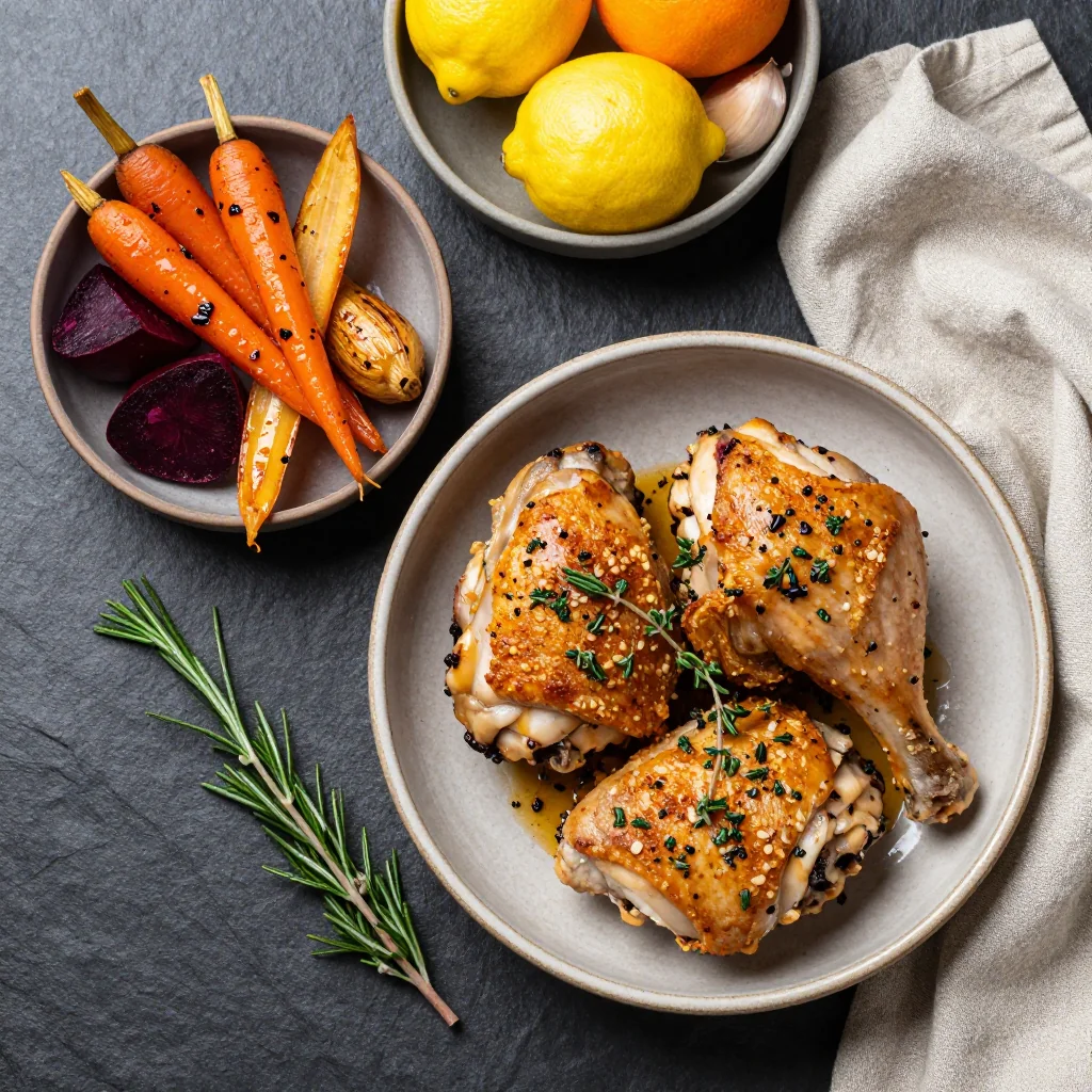 Ingredients for warm citrus and herb roasted chicken with root veg for holiday meals