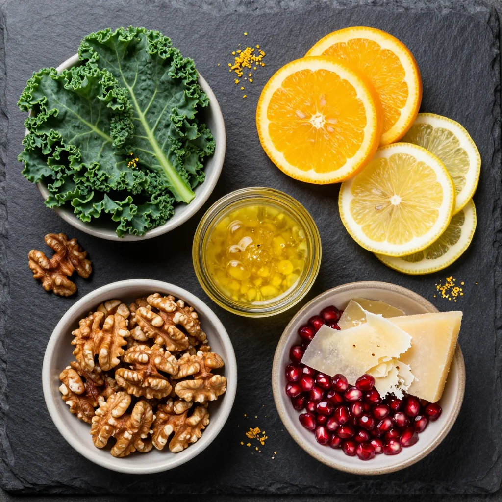 A wooden board strewn with curly kale leaves, sliced oranges glistening like suns, and a jam jar of amber dressing