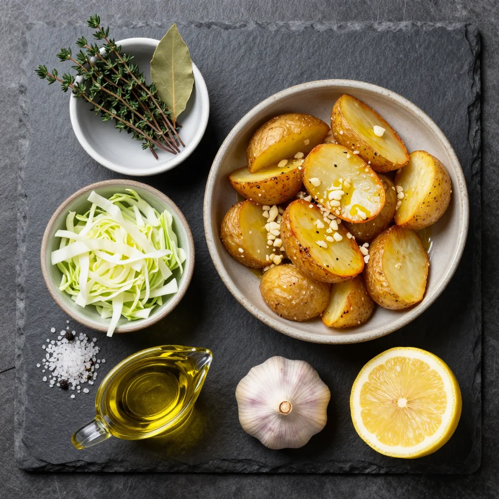 Ingredients for warm garlic roasted cabbage and potatoes for budget friendly meals