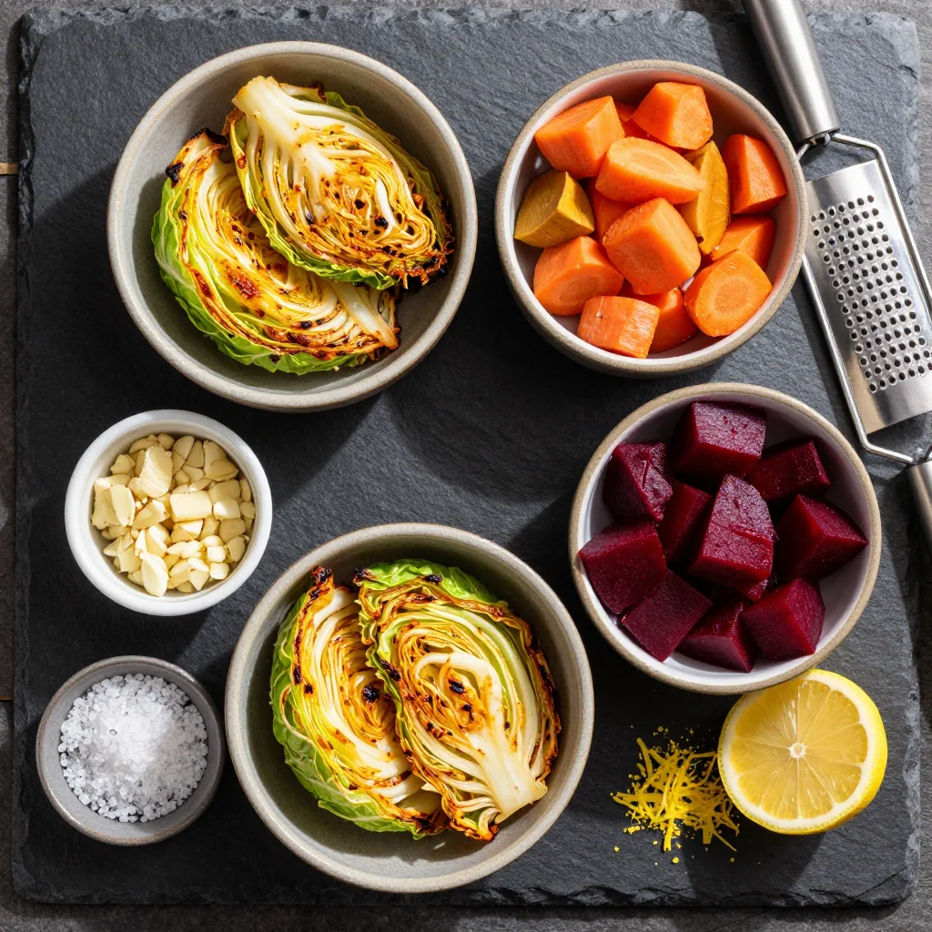 Ingredients for warm garlic roasted cabbage and root vegetables with lemon zest