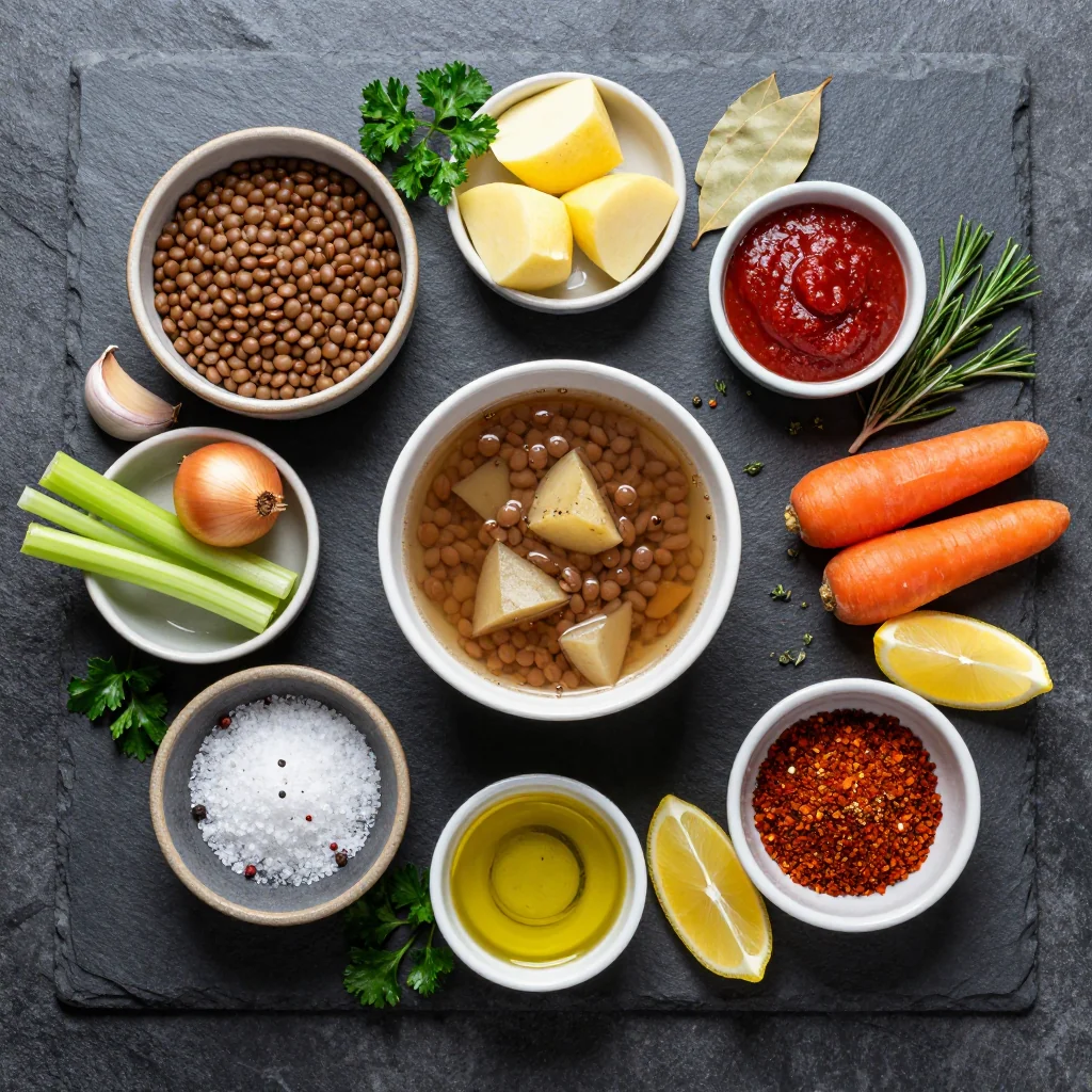 Ingredients for warm lentil and turnip stew packed with protein for cold days