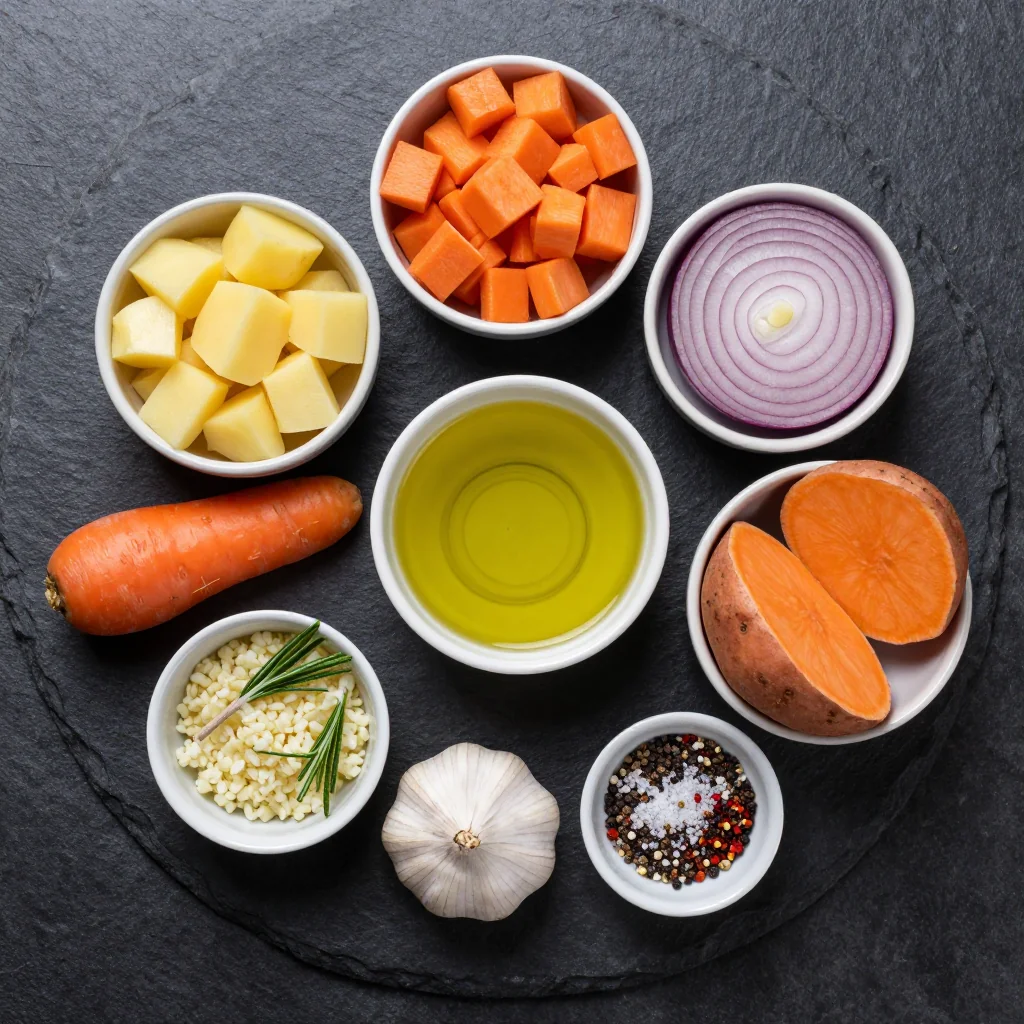 Ingredients for warm winter vegetable and potato hash with rosemary and garlic
