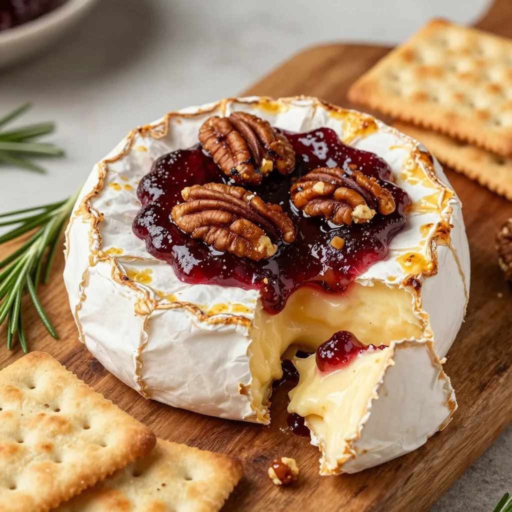 baked brie with fig jam and toasted pecans for holiday appetizers