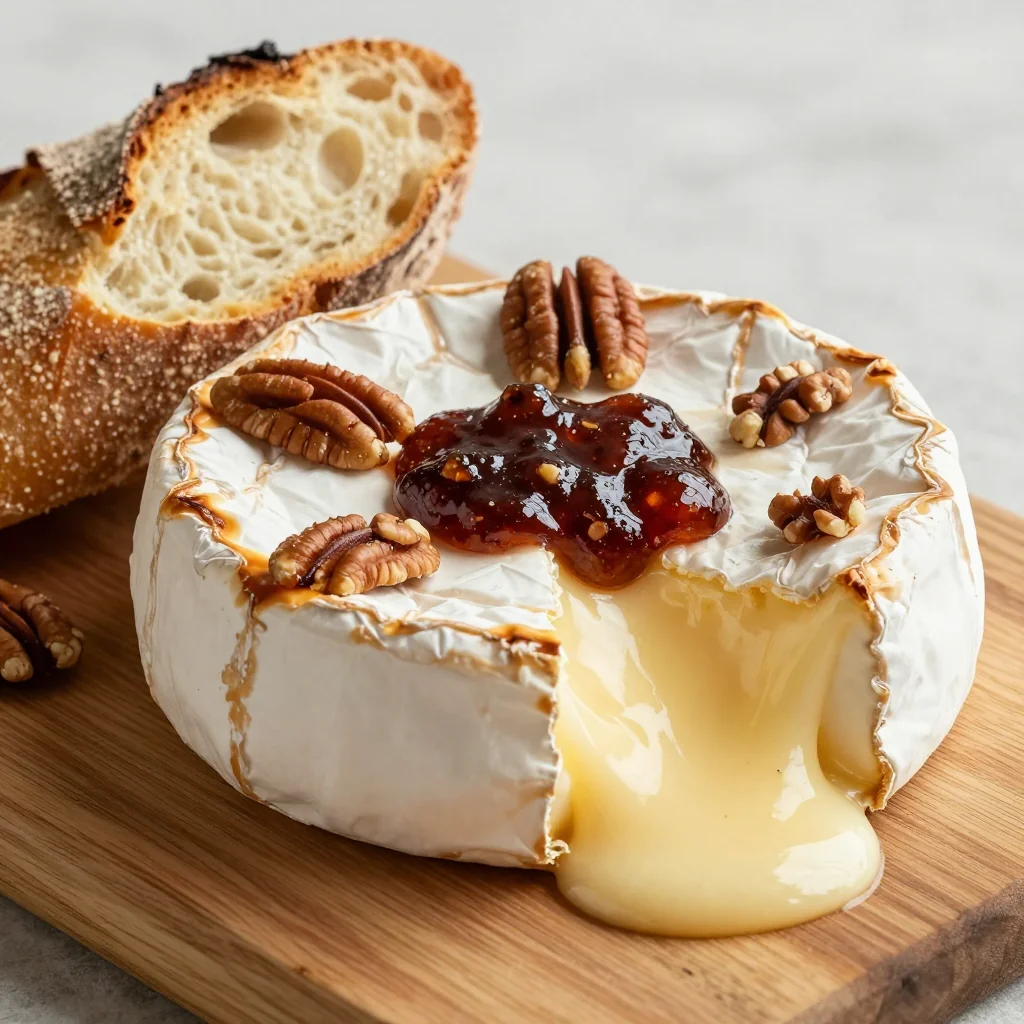 baked brie with fig jam and toasted pecans for holiday appetizers