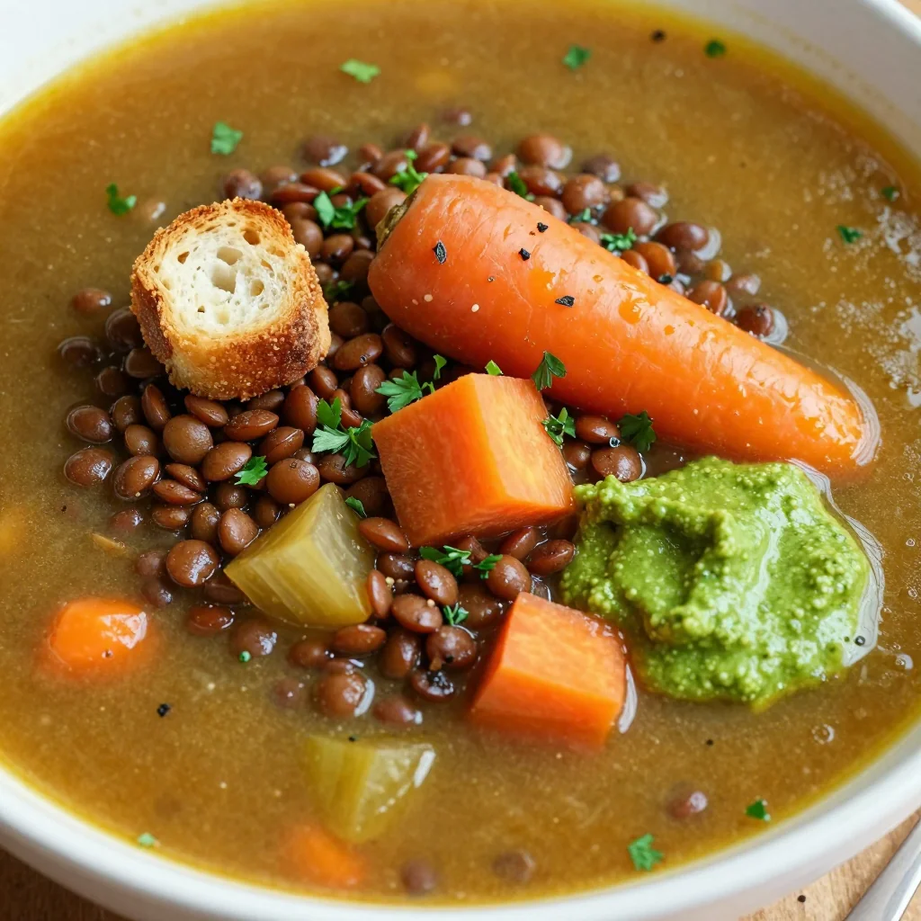 batch cook lentil and root vegetable soup with fresh herbs for winter