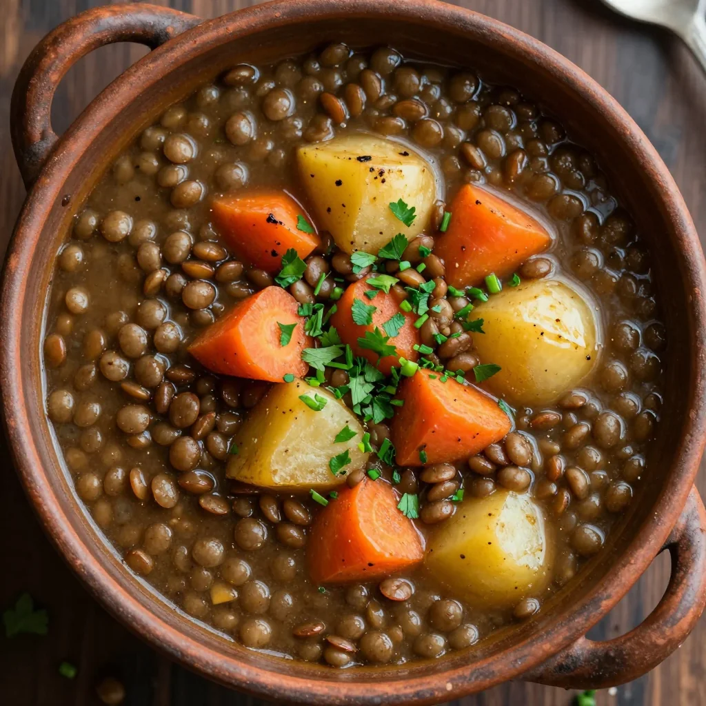 batch cook lentil and root vegetable soup with fresh herbs for winter