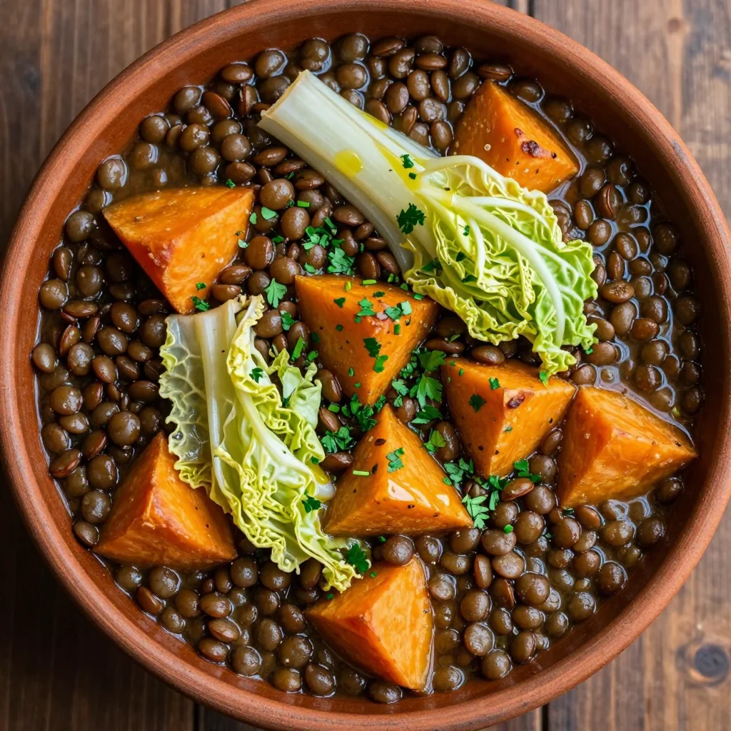 batch cook lentil and root vegetable stew with cabbage for easy meals