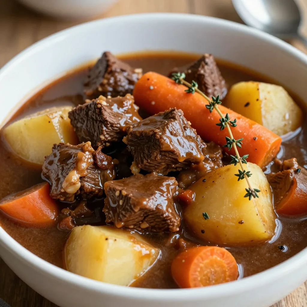 batch cooked beef stew with carrots parsnips and potatoes