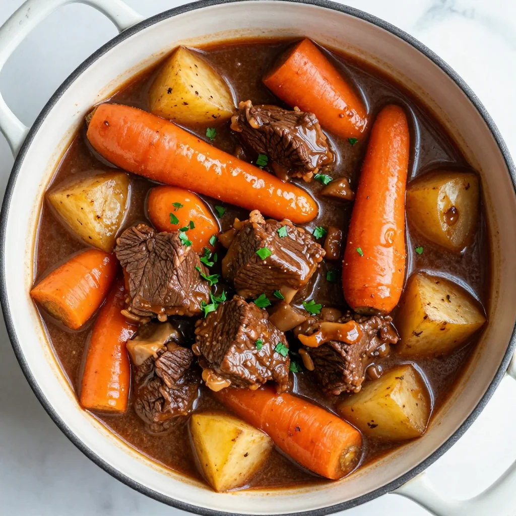 batch cooked beef stew with carrots parsnips and potatoes