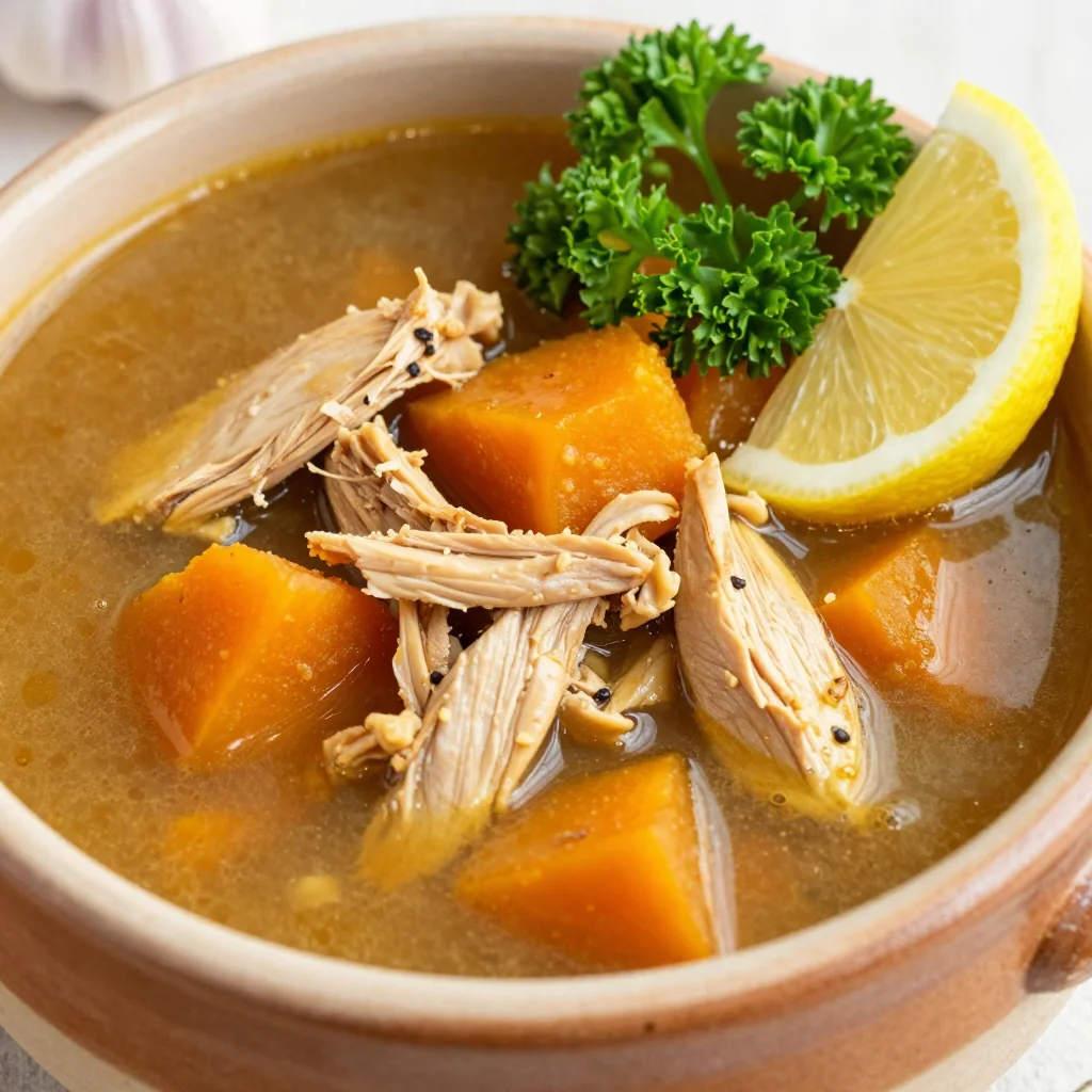 batch cooked chicken and winter squash soup with garlic and lemon