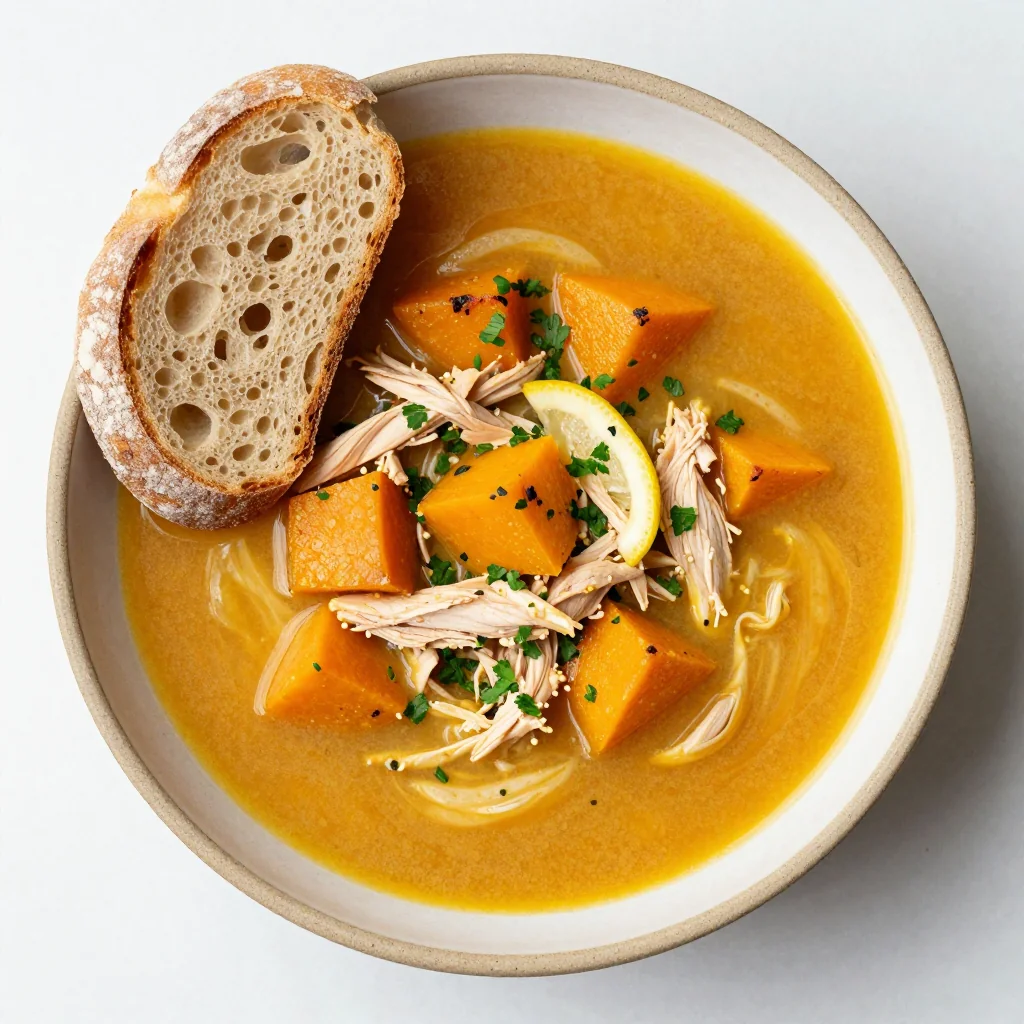 batch cooked chicken and winter squash soup with garlic and lemon