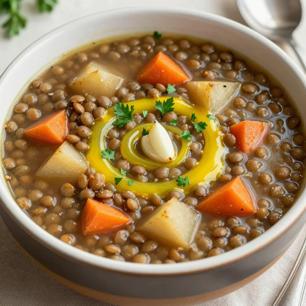 batch cooked lentil and root vegetable soup with lemon and garlic