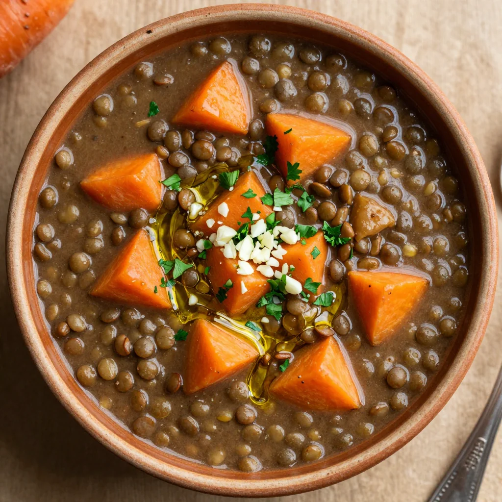 batch cooked lentil and root vegetable soup with lemon and garlic
