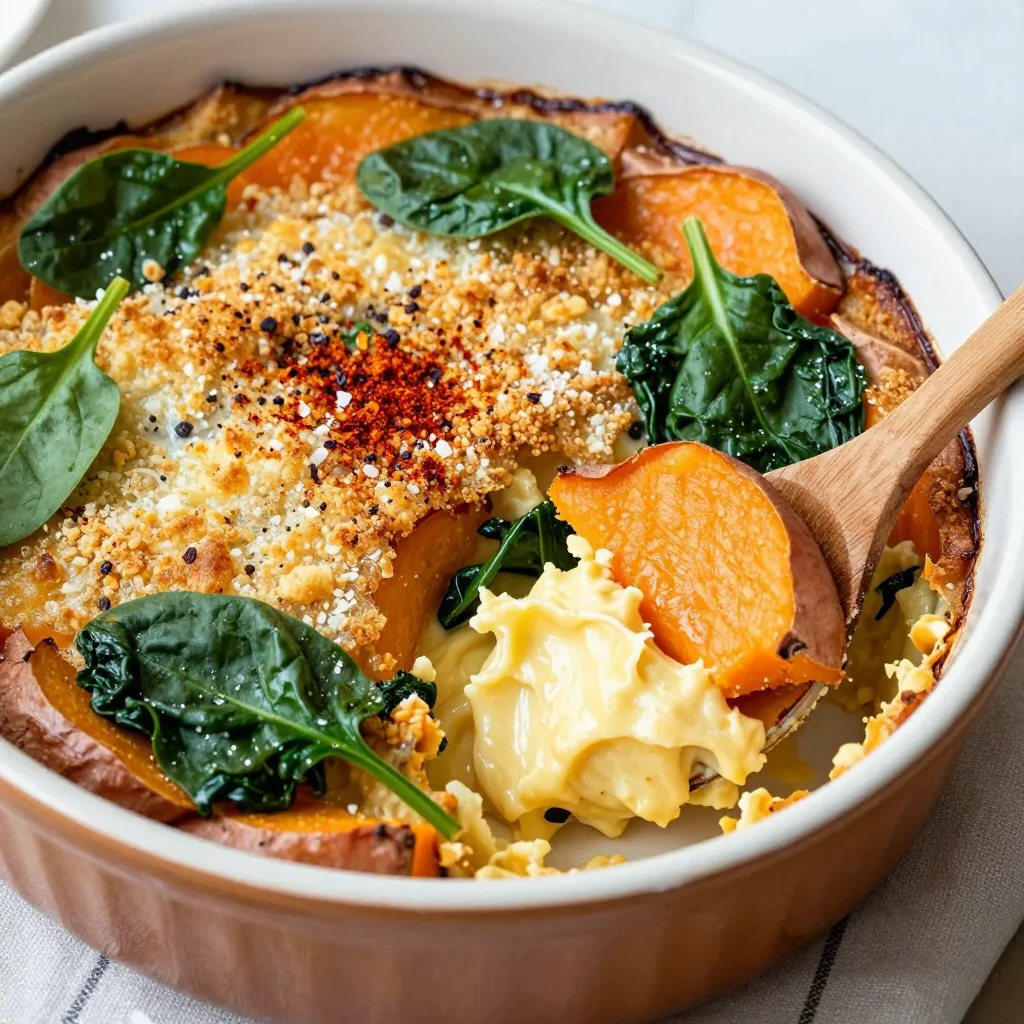 batch cooked spinach and sweet potato casserole for busy nights