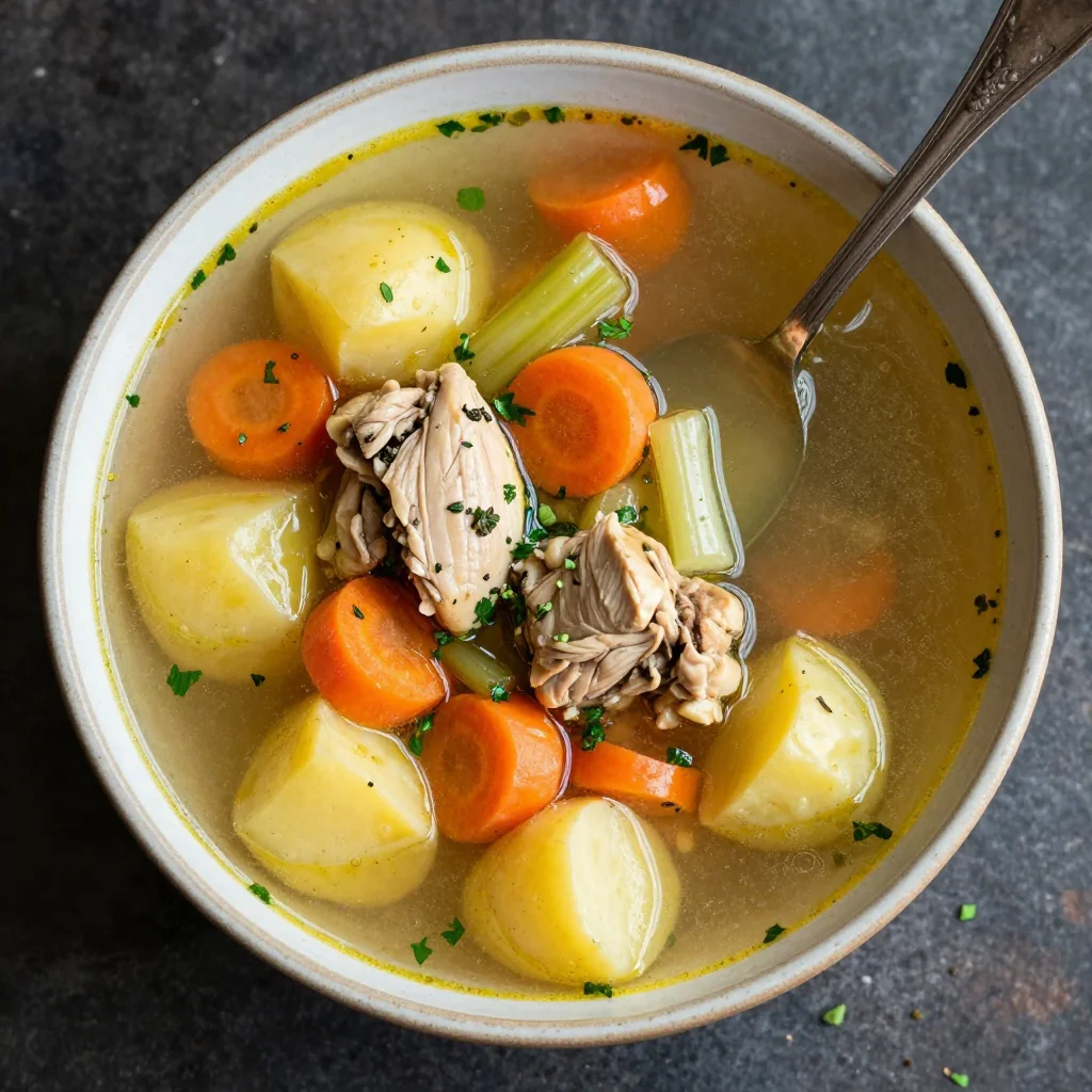 batch cooking friendly chicken and potato soup with root vegetables