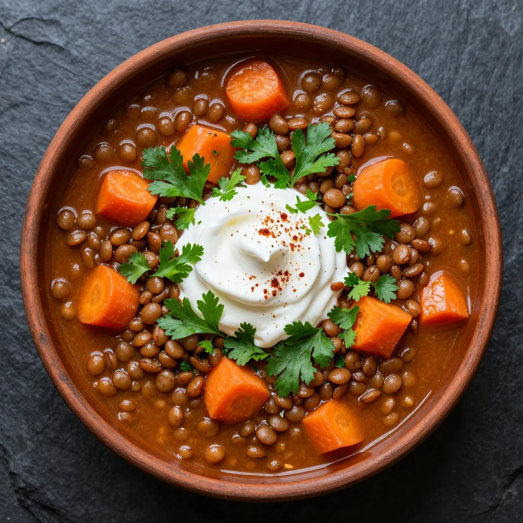 batchcooked lentil and carrot stew with fresh herbs for quick dinners