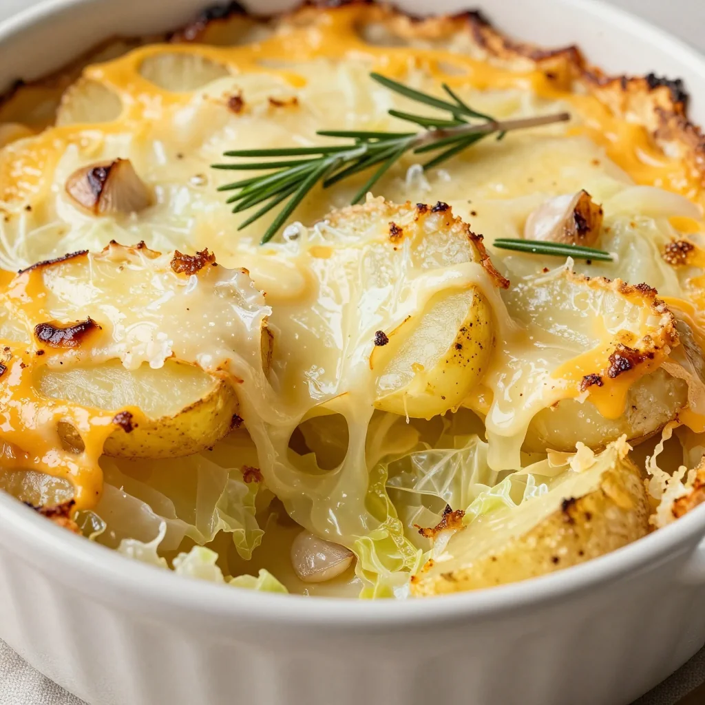 budget friendly cabbage and potato gratin with garlic and rosemary