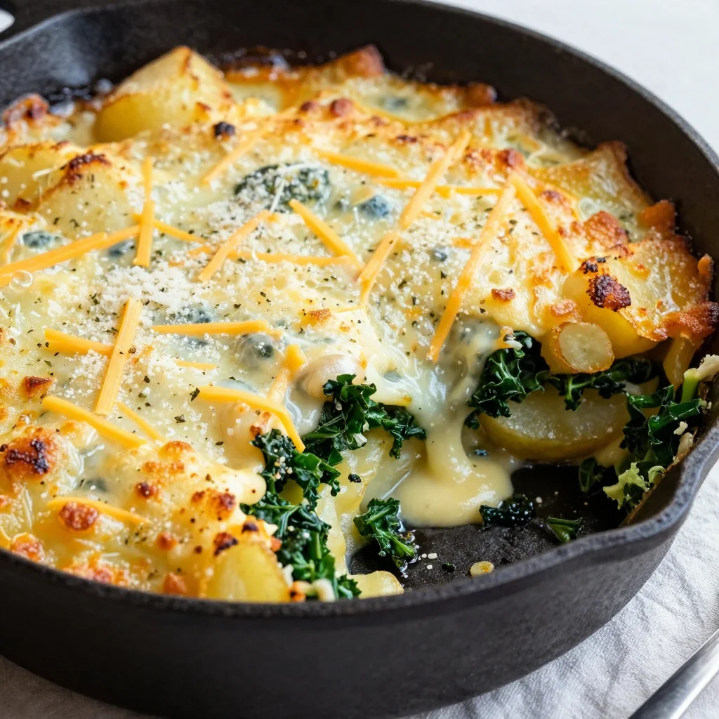 cheesy potato gratin with kale and garlic for winter comfort food