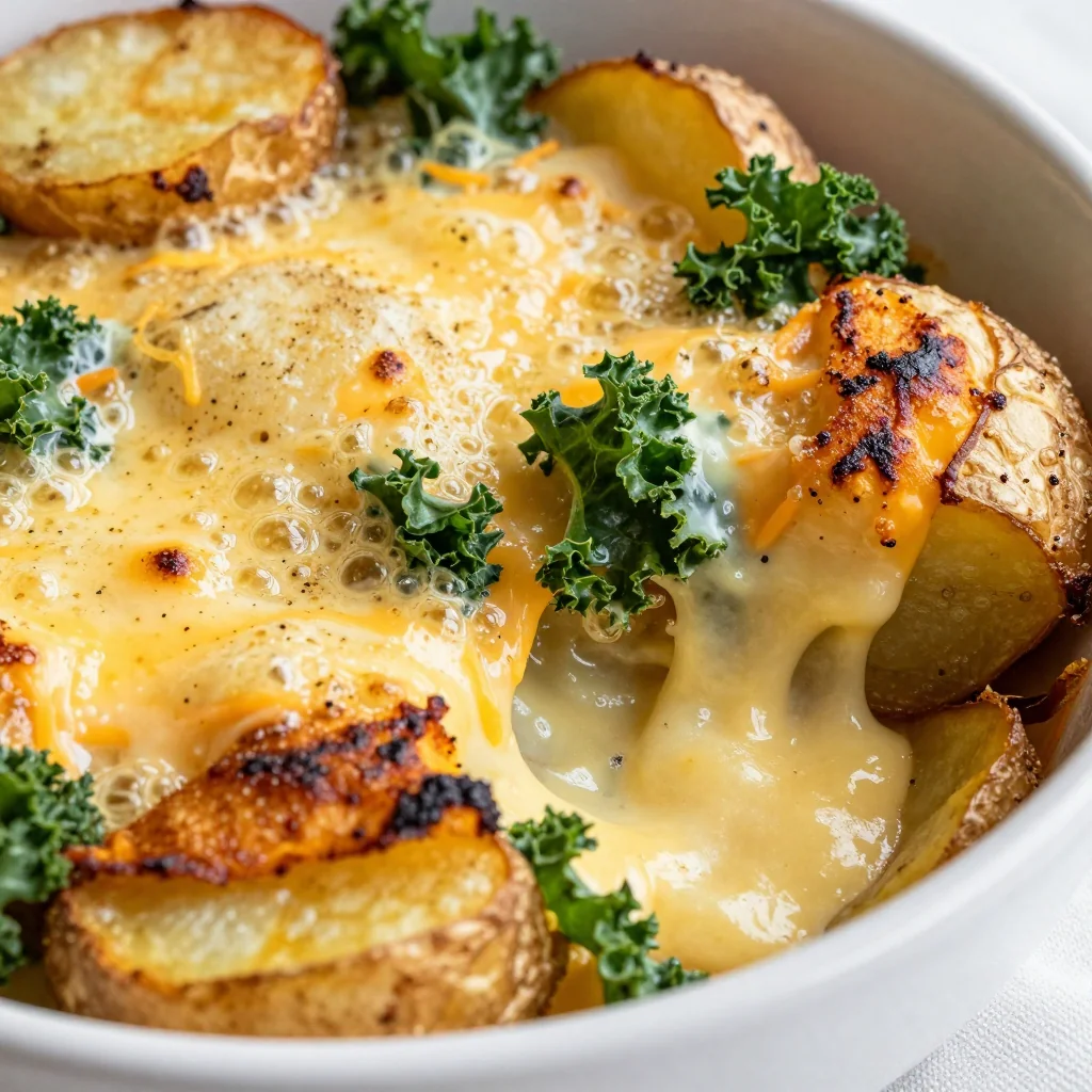 cheesy potato gratin with kale and garlic for winter comfort food
