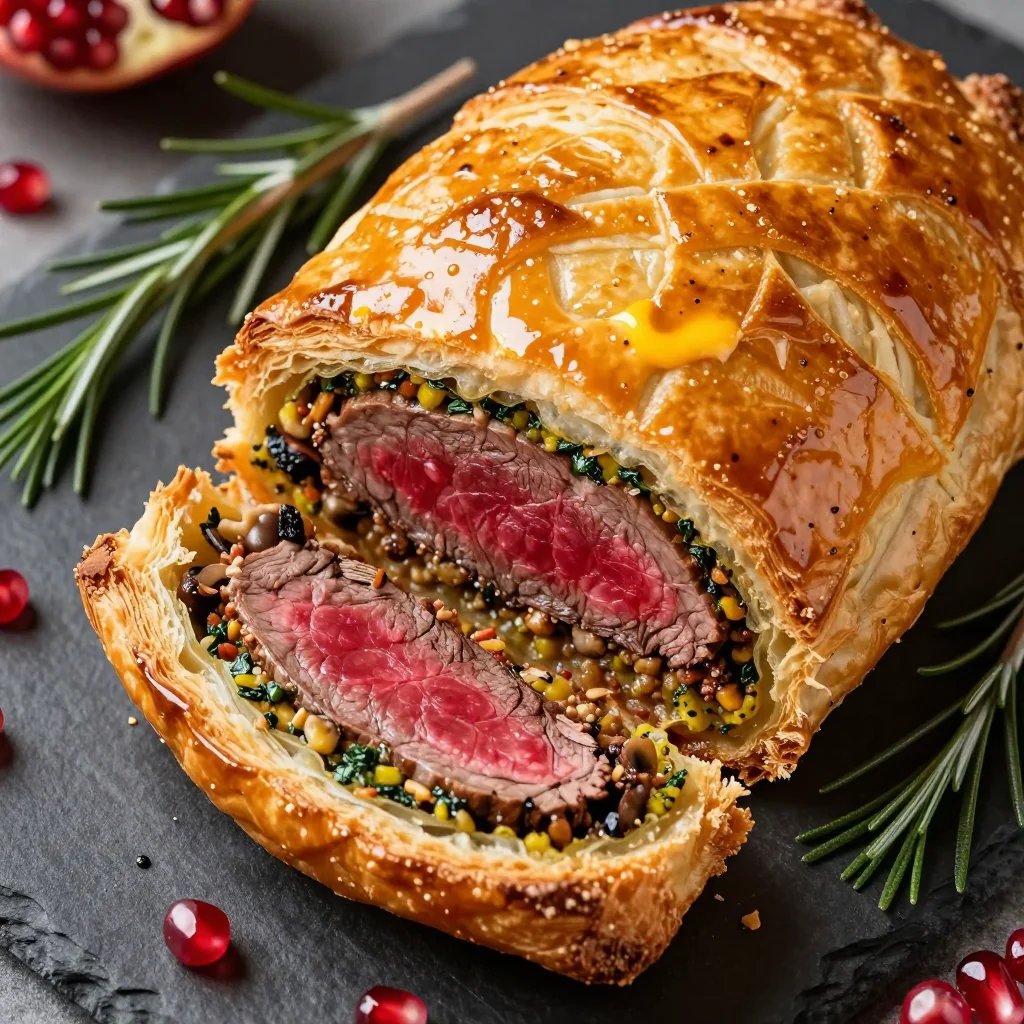 classic beef wellington with herb mustard and puff pastry for christmas